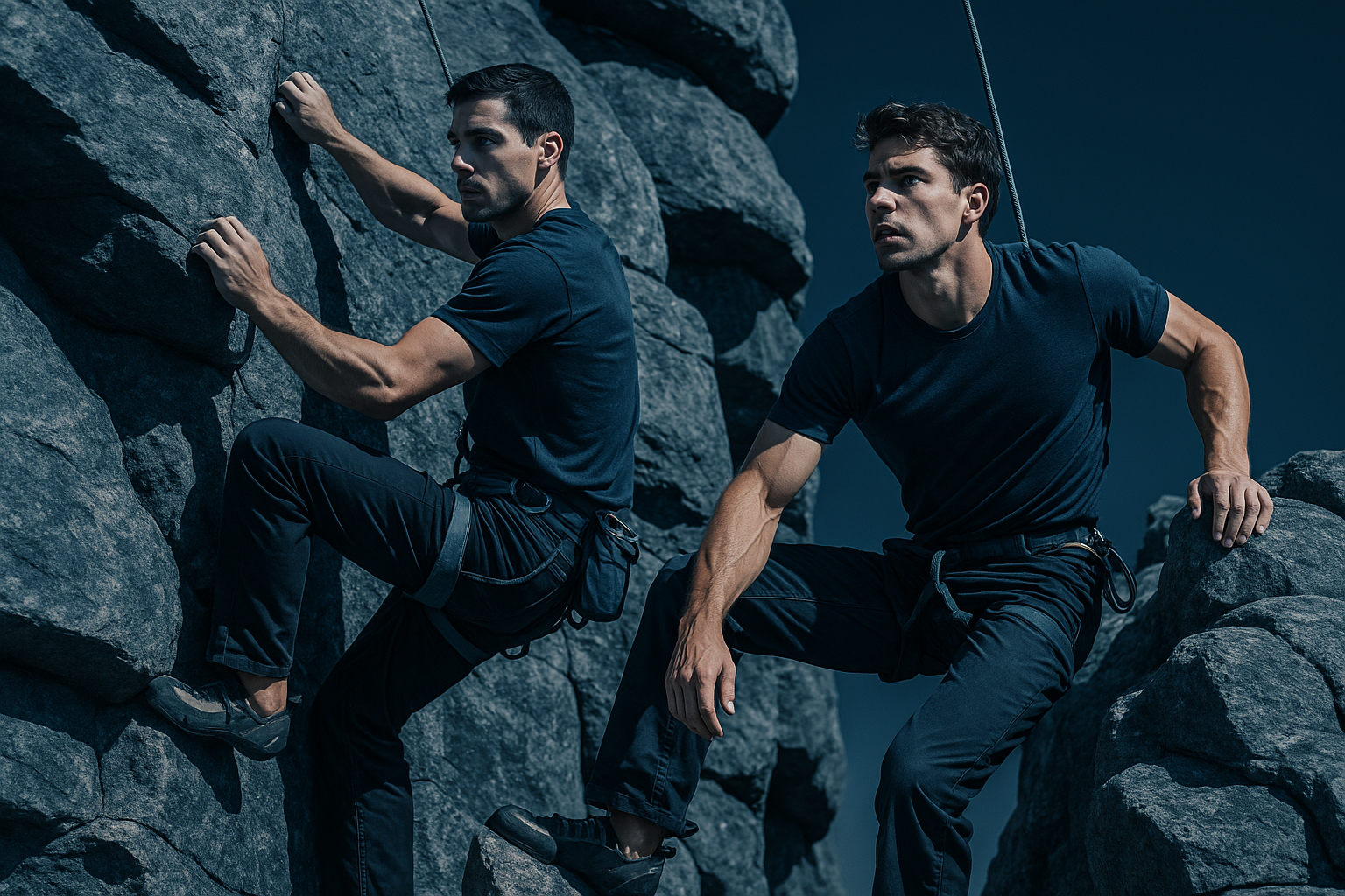 2 young men climbing rocks wearing round neck t shirts t shirts focused background match with navy blue website theme