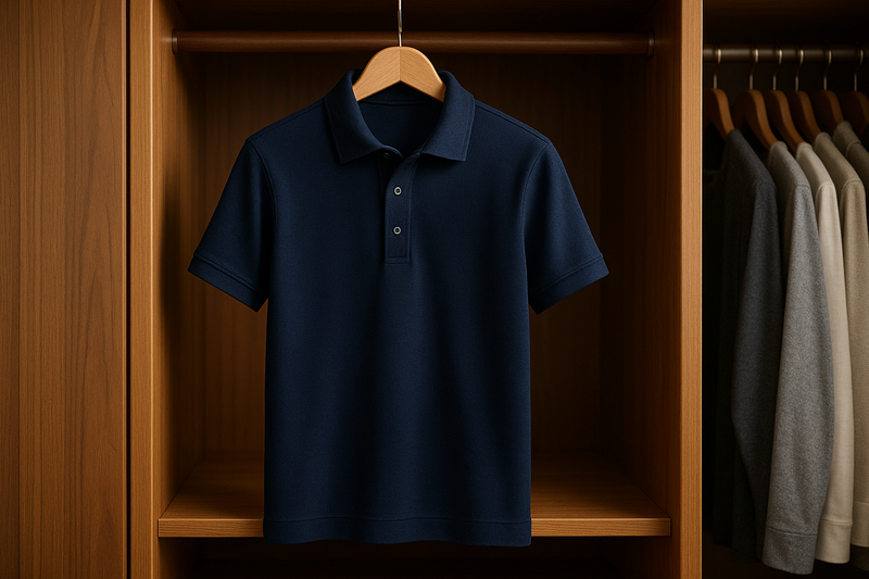 a premium polo t shirt in navy color in a hanger inside wardrobe