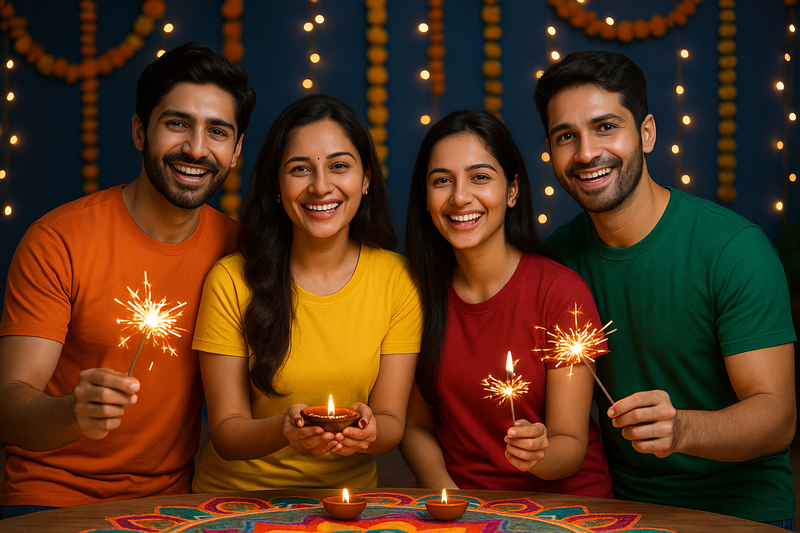 team of 4 people selebrating diwali wearing round neck t shirts t shirt focus background should match with light navy theme
