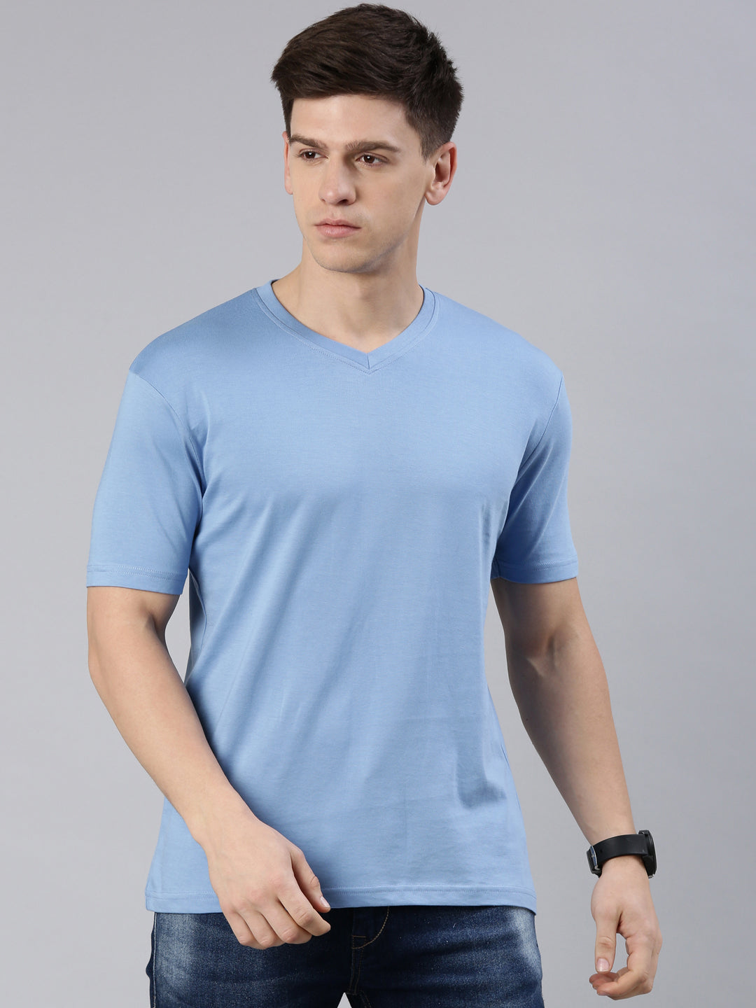 Supima Cotton Lichen Blue V-Neck T-Shirt – Premium Minimalist Luxury by Kivofa