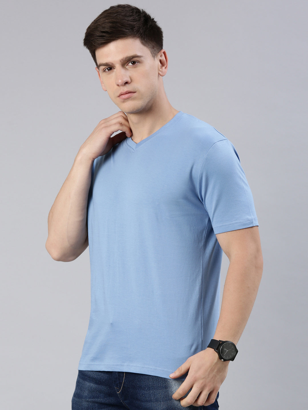 Supima Cotton Lichen Blue V-Neck T-Shirt – Premium Minimalist Luxury by Kivofa