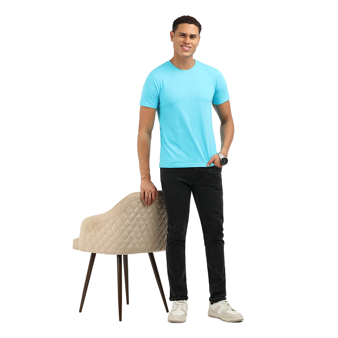 Premium Cotton Dark Aqua Crew T-Shirt | KIVOFA Luxury Collection