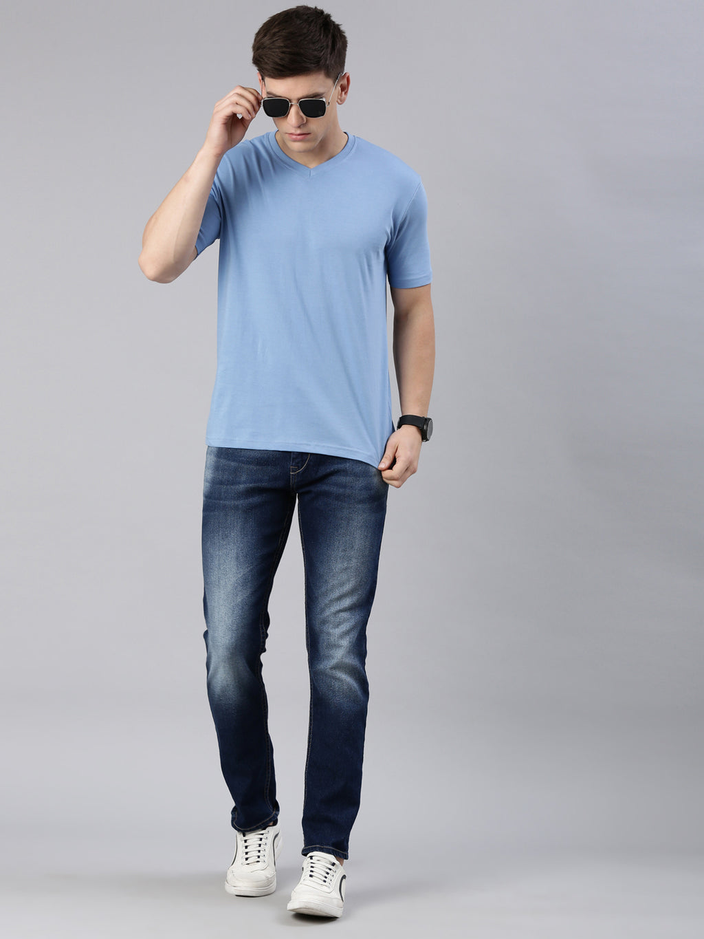 Supima Cotton Lichen Blue V-Neck T-Shirt – Premium Minimalist Luxury by Kivofa