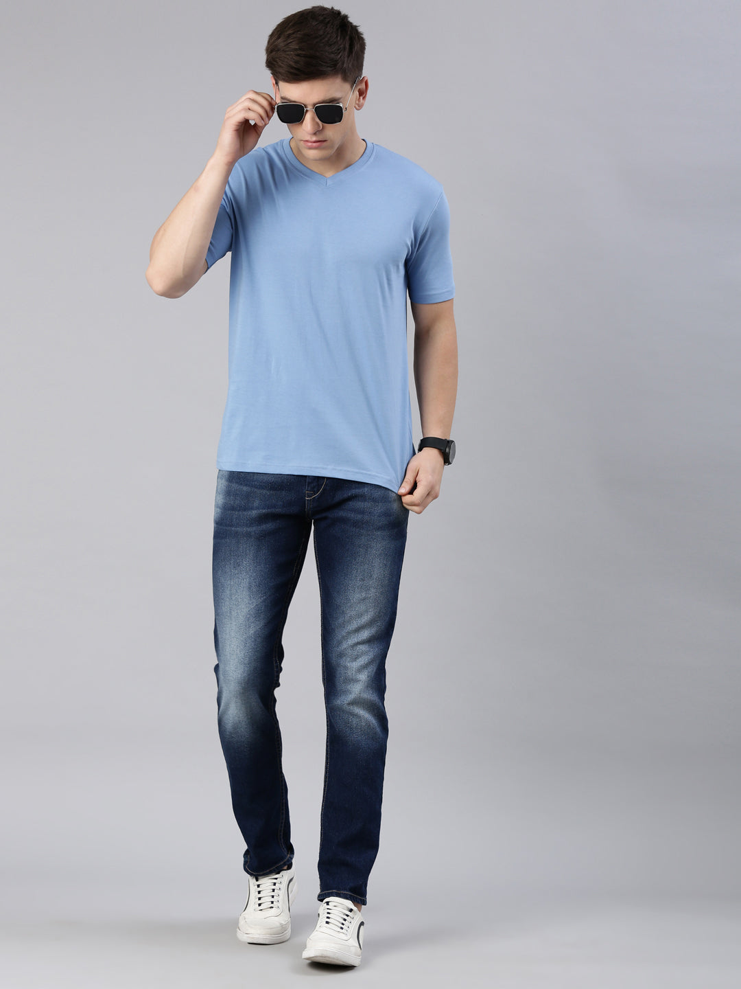 Supima Cotton Lichen Blue V-Neck T-Shirt – Premium Minimalist Luxury by Kivofa