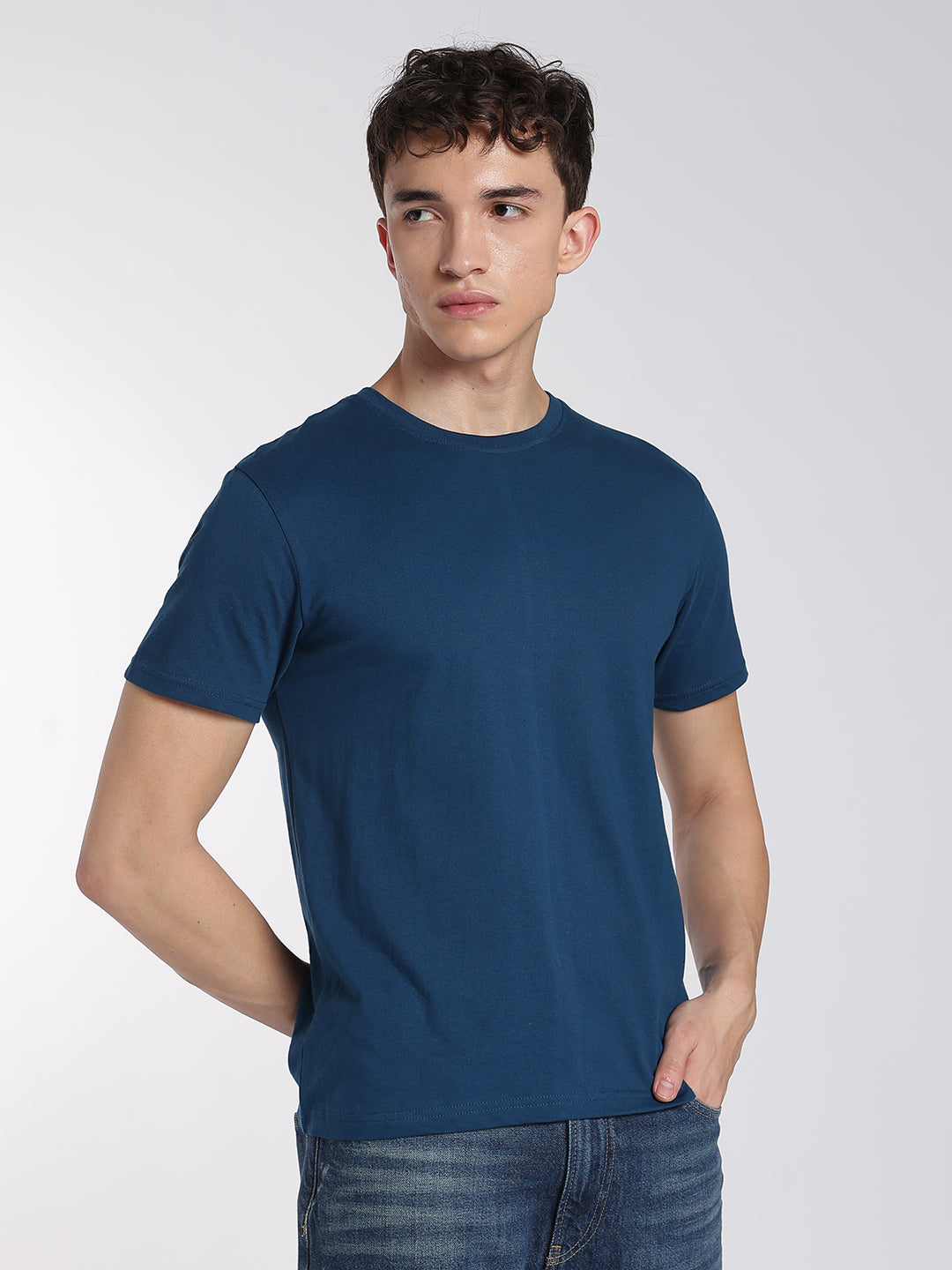 Men's Cotton T-Shirts-Half Sleeve-Round Neck-Deep teal blue