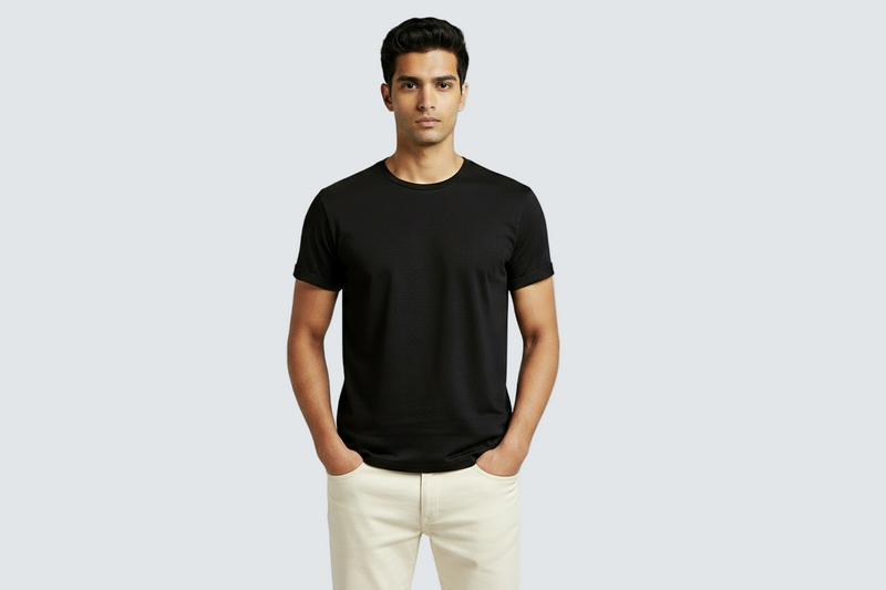 KIVOFA Jet Black Supima Cotton T-Shirt for Men | Premium Round Neck
