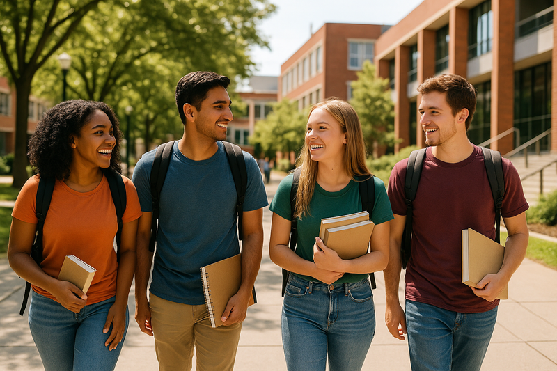 students wearing t shirts going collage 